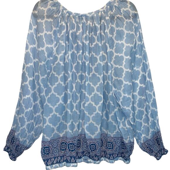 Sundance Blue Moroccan Trellis Print Beaded Peasant Top size Large - Picture 2 of 11